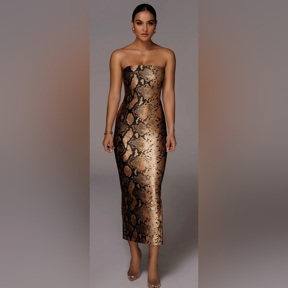 JLUXLABEL Gold Bianca Snakeskin Slit Dress Size Small